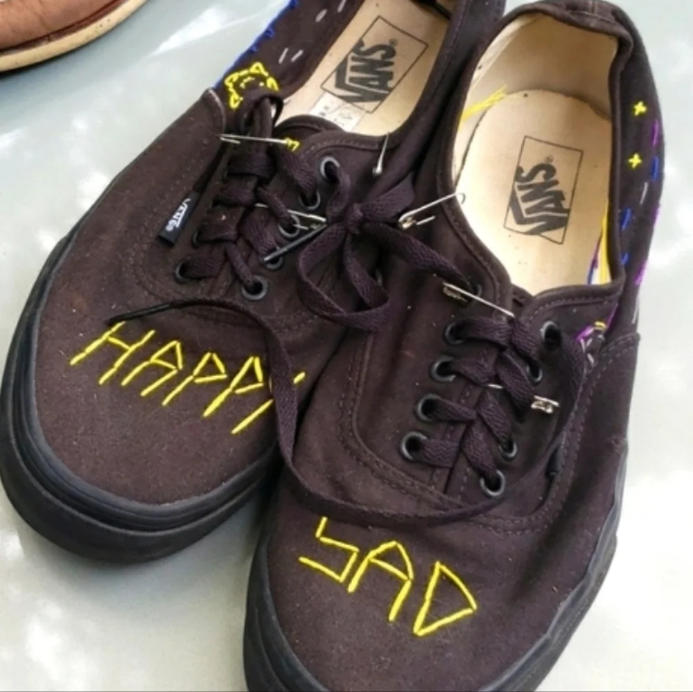 Mens VANS Stitch Sewn Customized Black Happy Sad  ~ Day Night Left Right sz 11.5